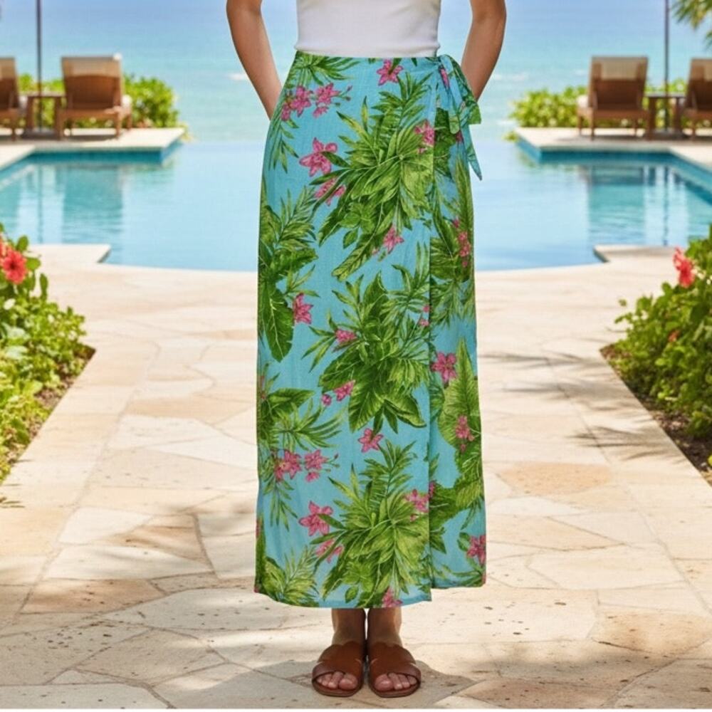 Vintage Blue Tropical Maxi Wrap Skirt